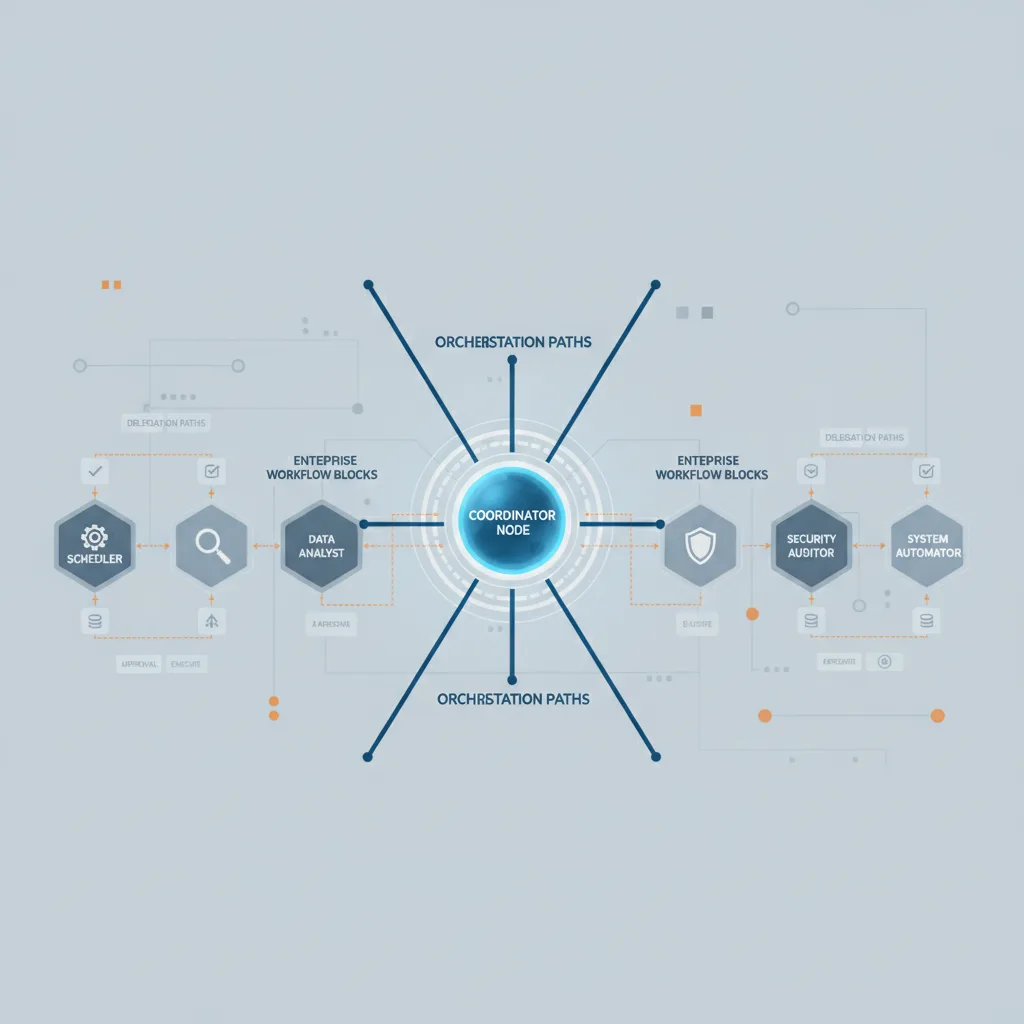 Ilustrasi arsitektur multi-agent enterprise dengan coordinator yang merutekan tugas ke specialist agents